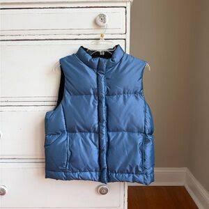 Vintage Gap metallic down feather blue puffer vest, size M/L